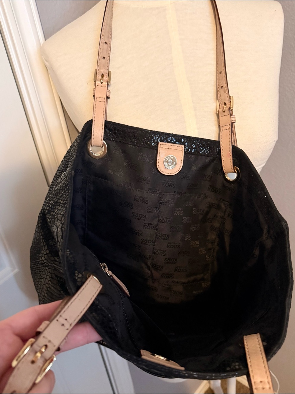 Michael Kors Black Snake-Embossed Tote with Tan Straps - Picture 3 of 6